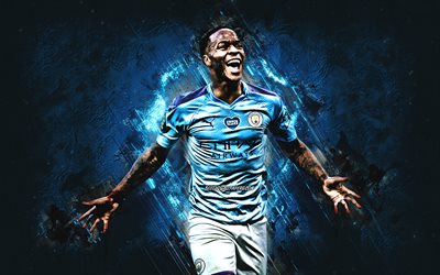 Raheem Sterling, Manchester City FC, English footballer, attacking midfielder, portrait, blue stone background, England, football