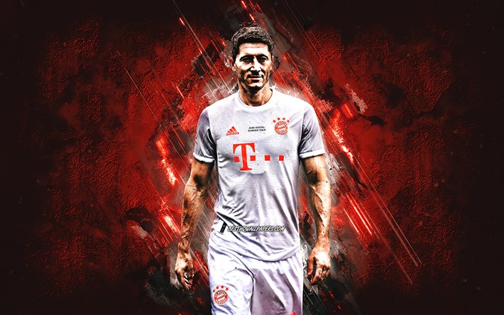Robert Lewandowski, O FC Bayern de Munique, polaco jogador de futebol, novo Bayern de Munique uniforme, Bundesliga, Alemanha, futebol, pedra vermelha de fundo