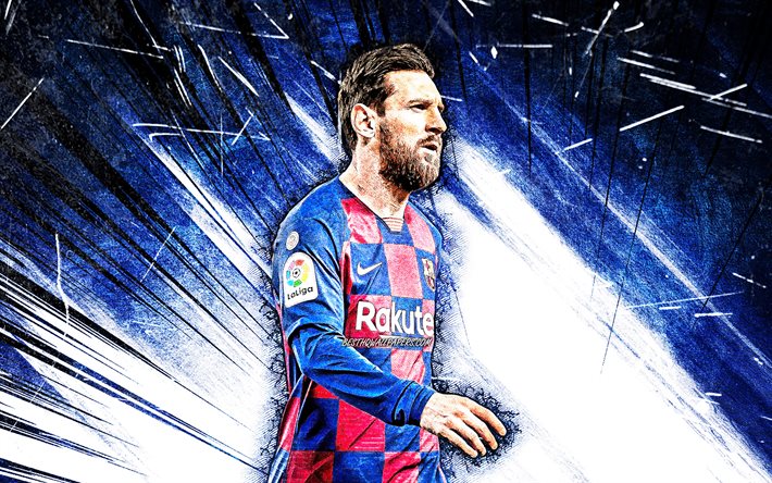4k, Lionel Messi, azul resumo raios, O Barcelona FC, A Liga, argentino de futebol, FCB, estrelas do futebol, objetivo, Messi, Leo Messi, grunge arte, Barca, futebol, LaLiga, Espanha