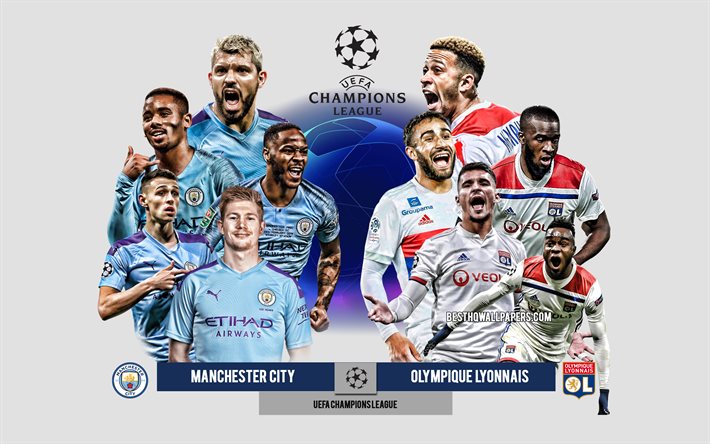 Manchester City vs Olympique Lyonnais, UEFA Champions League, Esikatselu, mainosmateriaali, jalkapalloilijat, Mestarien Liigan, jalkapallo-ottelu, logot