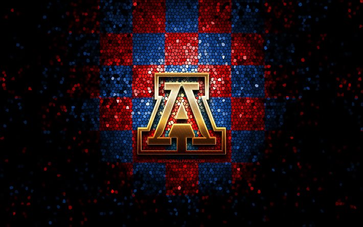 Arizona Wildcats, glitter, logo, NCAA, blu, rosso, sfondo a scacchi, USA, squadra di football americano, Arizona Wildcats logo, il mosaico, il football americano, l&#39;America