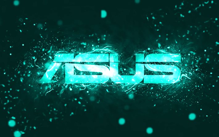 Asus turchese logo, 4k, luci al neon turchesi, creativo, turchese sfondo astratto, logo Asus, marchi, Asus