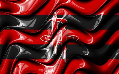 Houston Rockets flag, 4k, red and black 3D waves, NBA, american basketball team, Houston Rockets logo, basketball, Houston Rockets