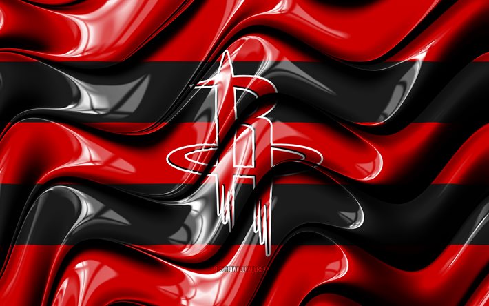 Bandera de Houston Rockets, 4k, ondas 3D rojas y negras, NBA, equipo de baloncesto estadounidense, logo de Houston Rockets, baloncesto, Houston Rockets