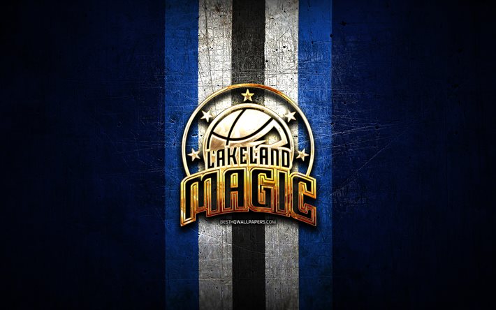 lakeland magic, goldenes logo, nba g league, blauer metallhintergrund, amerikanisches basketballteam, lakeland magic-logo, basketball, usa