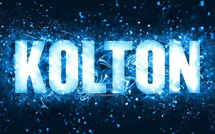 Joyeux anniversaire Kolton, 4k, n&#233;ons bleus, nom Kolton, cr&#233;atif, Kolton joyeux anniversaire, anniversaire Kolton, noms masculins am&#233;ricains populaires, photo avec nom Kolton, Kolton