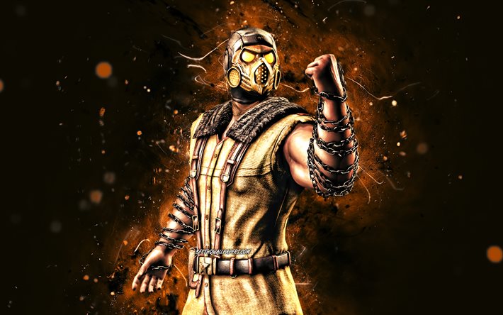 Kold War Scorpion, 4k, luzes de n&#233;on marrons, MK10, Mortal Kombat X, criativo, Mortal Kombat, Kold War Scorpion Mortal Kombat, MKX