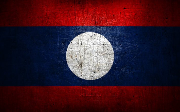 Laotian metal flag, grunge art, asian countries, Day of Laos, national symbols, Laos flag, metal flags, Flag of Laos, Asia, Laotian flag, Laos