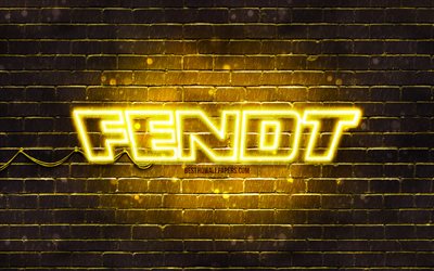 Fendt yellow logo, 4k, yellow brickwall, Fendt logo, brands, Fendt neon logo, Fendt