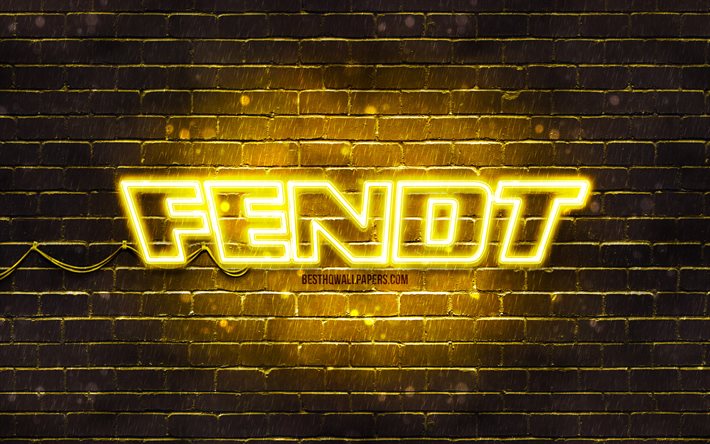 Fendt logo giallo, 4k, muro di mattoni giallo, logo Fendt, marchi, logo al neon Fendt, Fendt