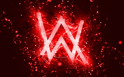 Logo rouge Alan Walker, 4k, DJ norv&#233;giens, n&#233;ons rouges, cr&#233;atif, fond abstrait rouge, Alan Olav Walker, logo Alan Walker, stars de la musique, Alan Walker