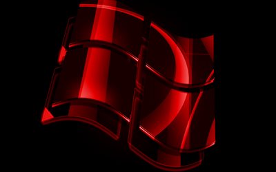4k, Windows red logo, red backgrounds, OS, Windows glass logo, artwork, Windows 3D logo, Windows