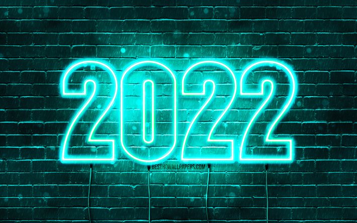 2022 turquoise neon digits, 4k, Happy New Year 2022, turquoise brickwall, horizontal text, 2022 concepts, wires, 2022 new year, 2022 on turquoise background, 2022 year digits