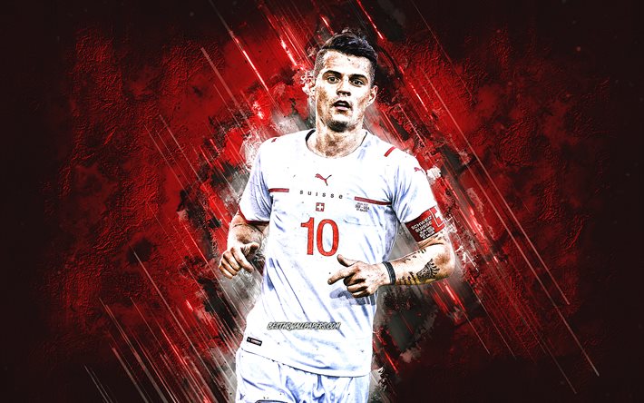 グラニト・ジャカ, スイス代表サッカーチーム, スイスのサッカー選手, 赤い石の背景, グランジアート, スイス, フットボール。