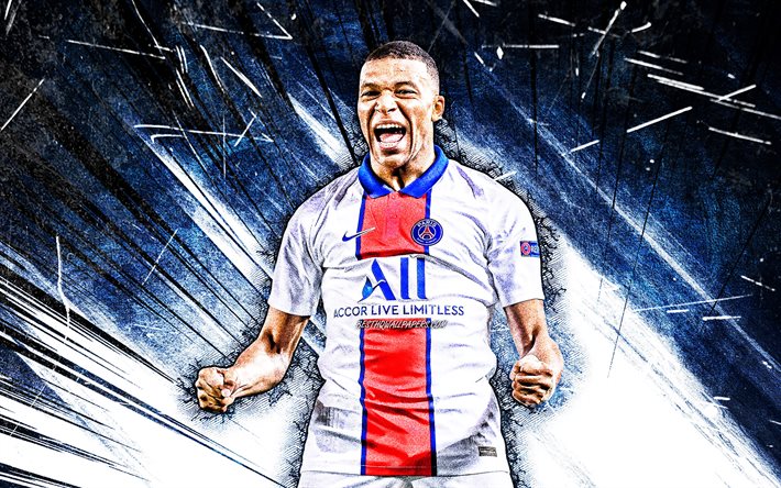 4k, Kylian Mbappe, grunge art, 2021, PSG, french footballers, soccer, Ligue 1, football, blue abstract rays, Kylian Mbappe PSG, Paris Saint-Germain, Kylian Mbappe 4K