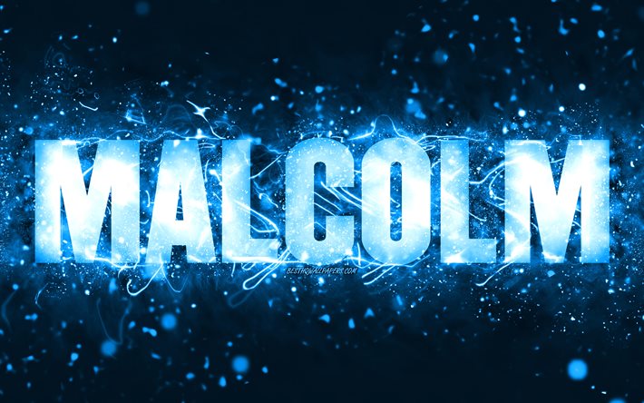Buon Compleanno Malcolm, 4k, luci al neon blu, nome Malcolm, creativo, Malcolm Buon Compleanno, Compleanno Malcolm, nomi maschili americani popolari, foto con il nome Malcolm, Malcolm