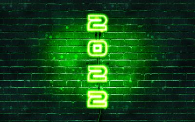 4k, 2022 on green background, vertical text, Happy New Year 2022, green brickwall, 2022 concepts, wires, 2022 new year, 2022 green neon digits, 2022 year digits
