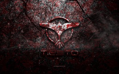 Logo Tiesto, arte grunge, logo pietra Tiesto, texture pietra rossa, Tiesto, texture pietra grunge, emblema Tiesto, logo Tiesto 3d