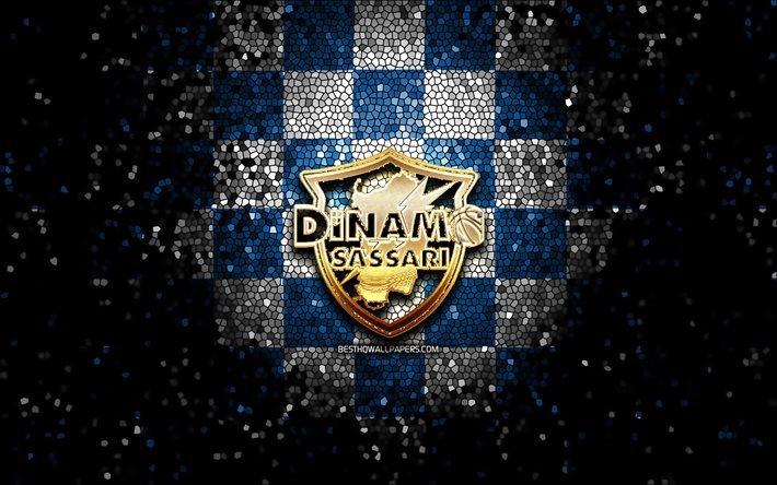 Dinamo Sassari, logo glitter, LBA, sfondo a scacchi bianco blu, basket, club italiano di basket, logo Dinamo Sassari, mosaico, Lega Basket Serie A, Dinamo Basket Sassari