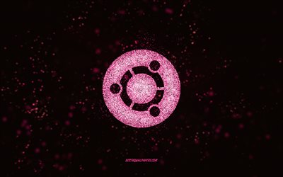 Ubuntuキラキラロゴ, 4k, 黒の背景, Ubuntuのロゴ, ピンクのキラキラアート, ubuntu, クリエイティブアート, Ubuntuピンクのキラキラロゴ