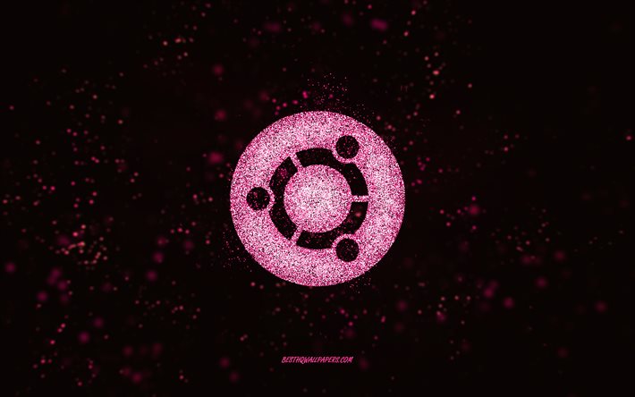 Ubuntun glitter -logo, 4k, musta tausta, Ubuntu -logo, vaaleanpunainen glitter -taide, Ubuntu, luova taide, Ubuntu -vaaleanpunainen glitter -logo