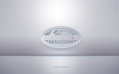 باجاني شعار أبيض ثلاثي الأبعاد, خلفية رمادية, شعار Pagani, الفن الإبداعي 3D, باجاني, 3d شعار