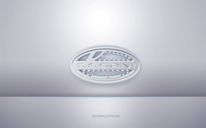 Logotipo branco 3D do Pagani, plano de fundo cinza, logotipo do Pagani, arte criativa em 3D, Pagani, emblema 3D