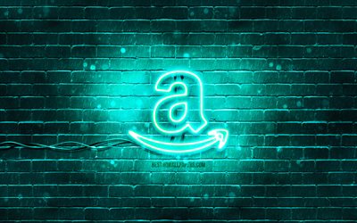 Amazon turkuaz logosu, 4k, turkuaz brickwall, Amazon logosu, markalar, Amazon neon logosu, Amazon