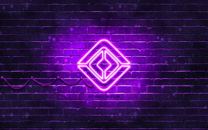 Rivian violet logo, 4k, violet brickwall, Rivian logo, cars brands, Rivian neon logo, Rivian