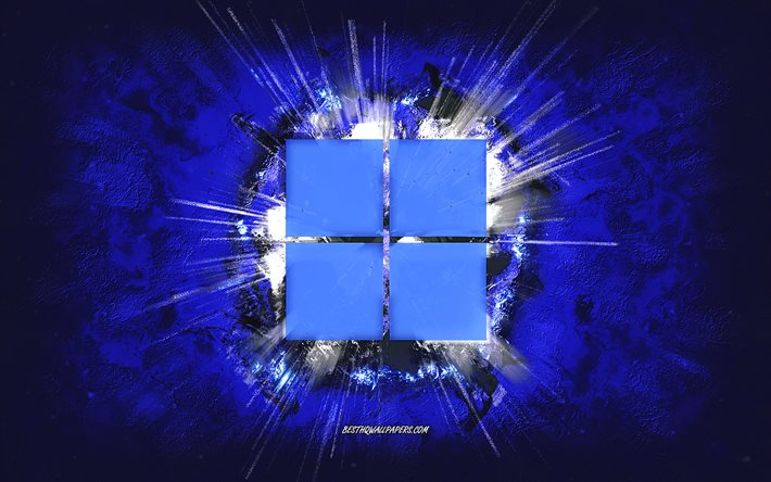 Windows 11 -logo, grunge -taide, Windows, sininen kivitausta, Windows 11, luova taide, Windows 11 grunge -logo, Windows -logo