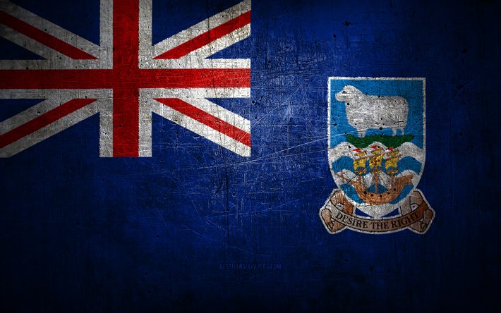 Falkland Islands metal flag, grunge art, South American countries, Day of Falkland Islands, national symbols, Falkland Islands flag, metal flags, Flag of Falkland Islands, South America, Falkland Islands