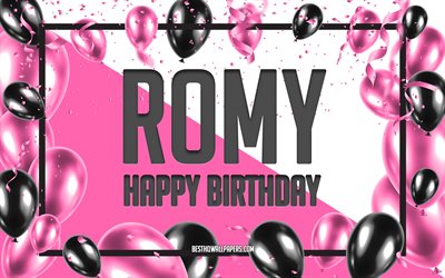 誕生日おめでとう, 誕生日バルーンの背景, ロミー, 名前の壁紙, ピンクの風船の誕生日の背景, グリーティングカード, ロミーの誕生日