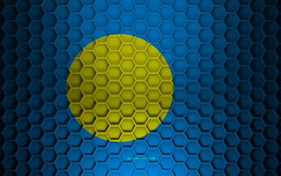 Palau flag, 3d hexagons texture, Palau, 3d texture, Palau 3d flag, metal texture, flag of Palau