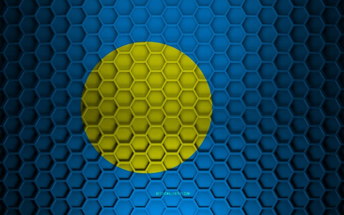Drapeau de Palau, texture d&#39;hexagones 3d, Palau, texture 3d, drapeau de Palau 3d, texture en m&#233;tal, drapeau de Palau