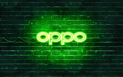 Oppoグリーンのロゴ, 4k, 緑のレンガの壁, Oppoのロゴ, お, Oppoネオンロゴ, Oppo