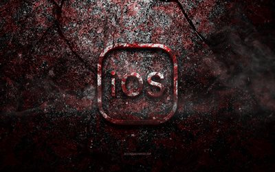 ios-logo, grunge-kunst, ios-steinlogo, rote steinstruktur, ios, grunge-steinstruktur, ios-emblem, ios 3d-logo
