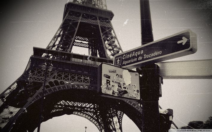 Eiffel Tower, Paris, monochrome, retro photo, Eiffel Tower retro, Landmark, France