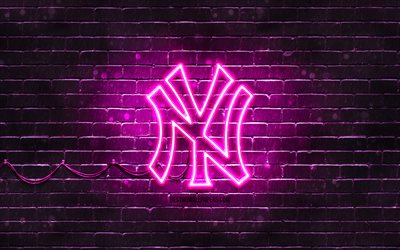 New York Yankees purple logo, 4k, purple brickwall, New York Yankees logo, american baseball team, New York Yankees neon logo, NY Yankees, New York Yankees