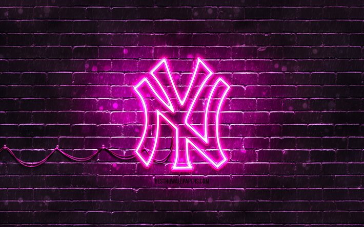 ニューヨークヤンキースの紫色のロゴ, 4k, 紫のレンガの壁, ニューヨーク・ヤンキース, アメリカの野球チーム, ニューヨークヤンキースのネオンロゴ, NYヤンキース