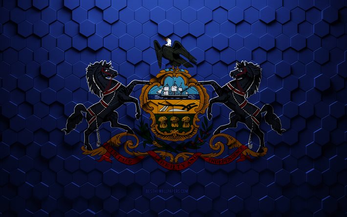 Bandera de Pennsylvania, arte en forma de panal, bandera de los hex&#225;gonos de Pennsylvania, Pennsylvania, arte de los hex&#225;gonos 3d, bandera de Pennsylvania