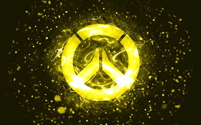 Overwatch logo giallo, 4k, luci al neon gialle, creativo, sfondo astratto giallo, logo Overwatch, giochi online, Overwatch