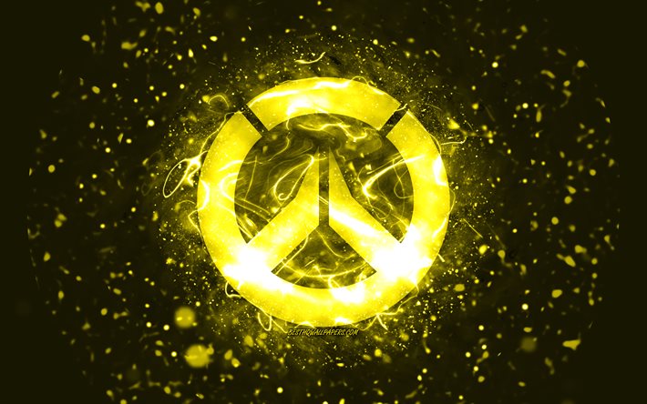 Logotipo amarelo da Overwatch, 4k, luzes de n&#233;on amarelas, criativo, fundo abstrato amarelo, logotipo da Overwatch, jogos online, Overwatch