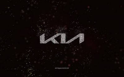 Kia glitter logo, 4k, black background, Kia logo, white glitter art, Kia, creative art, Kia white glitter logo