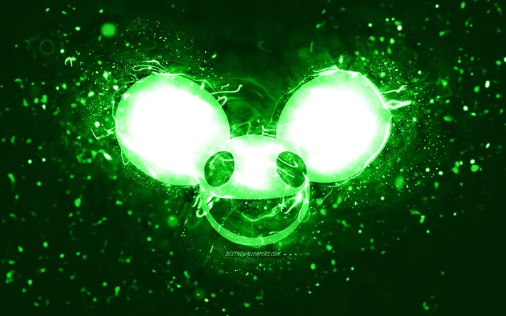 Deadmau5 green logo, 4k, canadian DJs, green neon lights, creative, green abstract background, Joel Thomas Zimmerman, Deadmau5 logo, music stars, Deadmau5