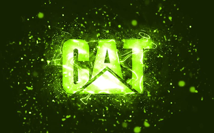 Caterpillar lime logo, 4k, CaT, lime neon lights, creative, lime abstract background, Caterpillar logo, CaT logo, brands, Caterpillar