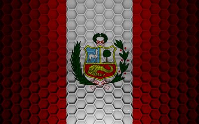 Peru flag, 3d hexagons texture, Peru, 3d texture, Peru 3d flag, metal texture, flag of Peru