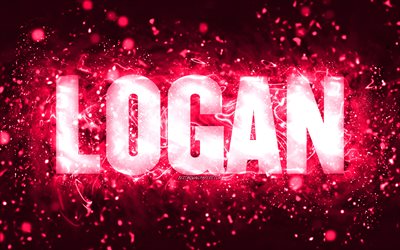 Happy Birthday Logan, 4k, pink neon lights, Logan name, creative, Logan Happy Birthday, Logan Birthday, popular american female names, picture with Logan name, Logan