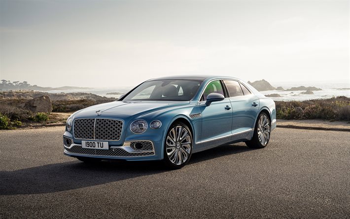 2022, Bentley Flying Spur Mulliner, 4k, &#246;n g&#246;r&#252;n&#252;m, dış cephe, l&#252;ks sedan, mavi Flying Spur Mulliner, İngiliz arabaları, Bentley