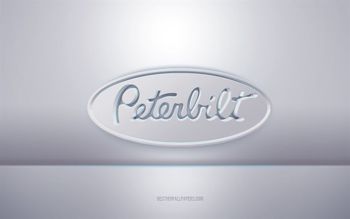 Peterbilt 3D valkoinen logo, harmaa tausta, Peterbilt -logo, luova 3D -taide, Peterbilt, 3D -tunnus