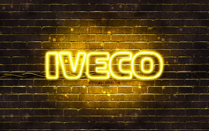Logo jaune Iveco, 4k, mur de briques jaune, logo Iveco, marques de voitures, logo n&#233;on Iveco, Iveco